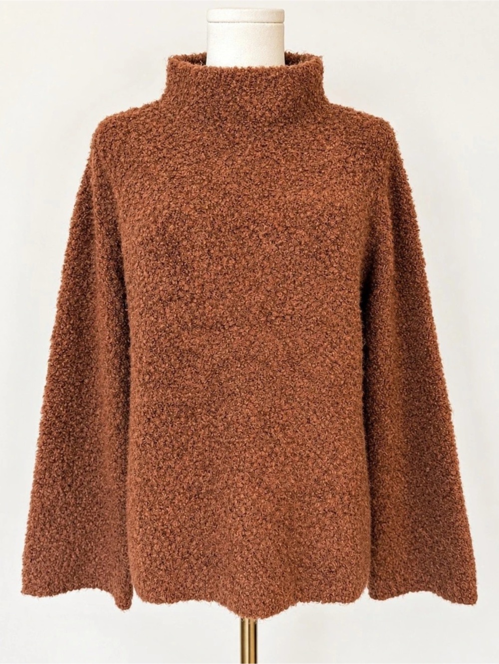 Ann Taylor Women’s Brown Bouclé Mock Neck Sweater Size M Cozy Textured Pullover
